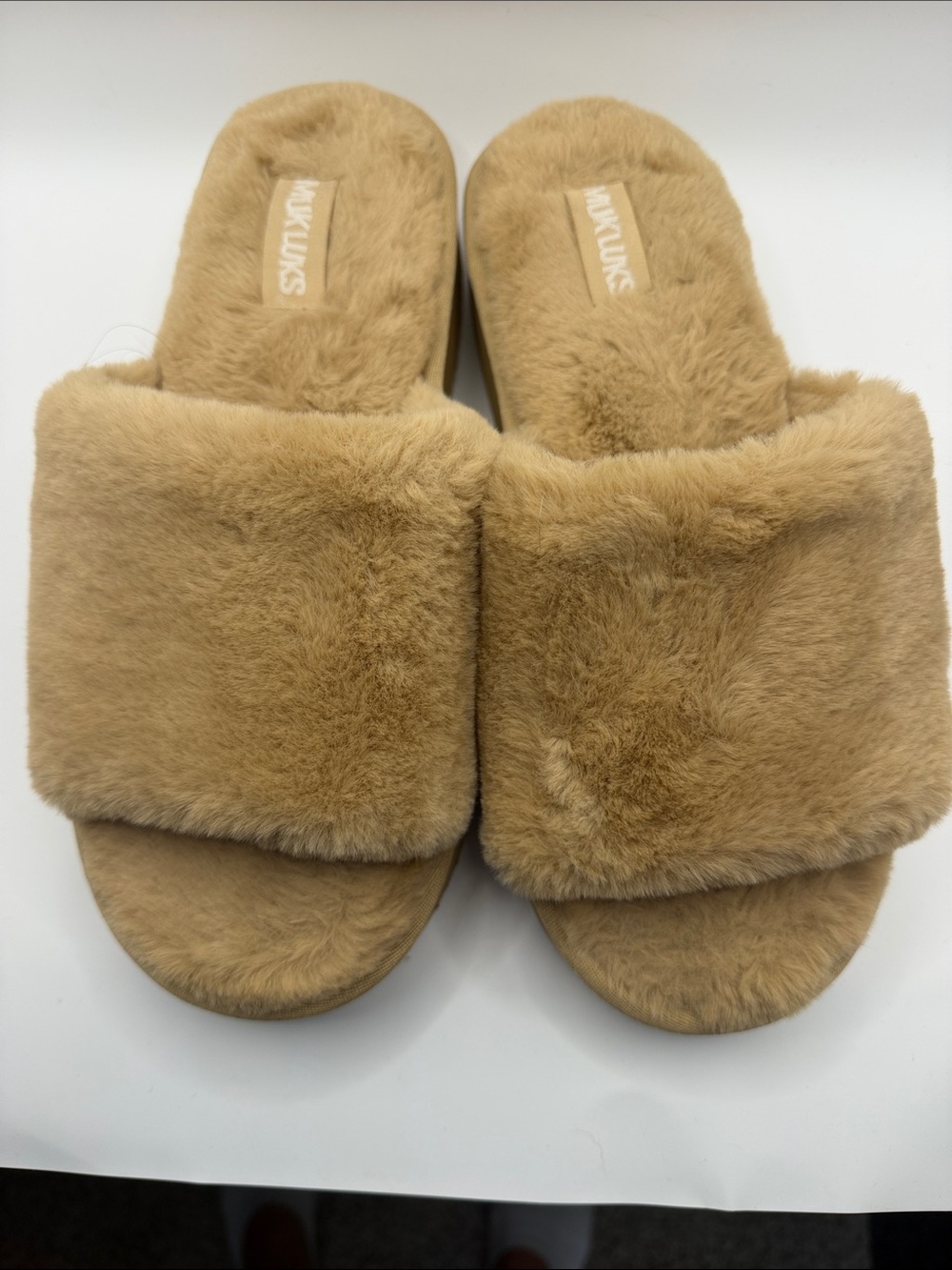 Muk Luks Plush Faux-Fur Slide Slippers in Tan - Picture 2 of 10